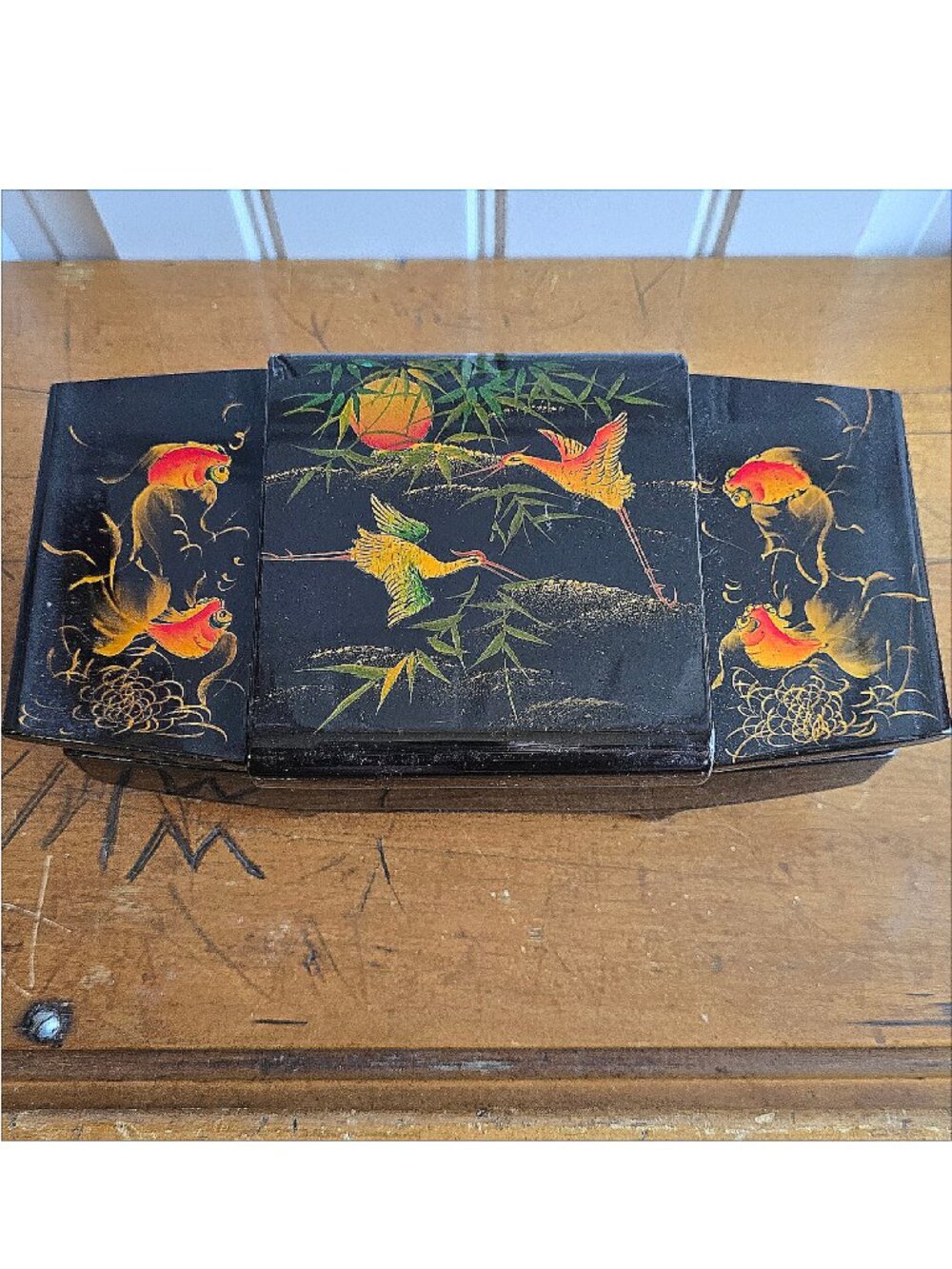 Vintage Japanese Black Lacquer Jewelry Box Painted Cranes Goldfish Mirror Footed